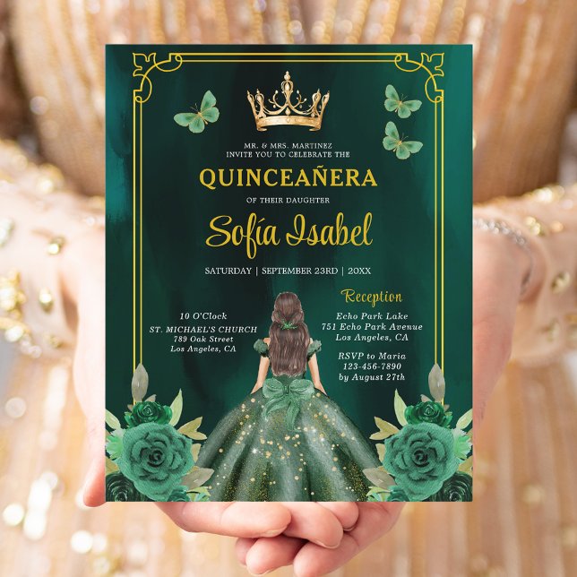 Floral Emerald Green Gold Butterfly Quinceanera (Creator heeft geüpload)