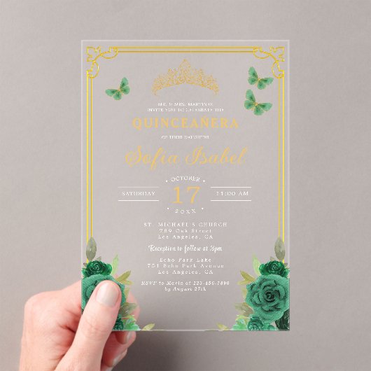 Floral Emerald Green Gold Butterfly Quinceanera Acryl Uitnodigingen (Insitu (Draagbaar))
