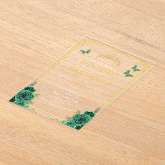 Floral Emerald Green Gold Butterfly Quinceanera Acryl Uitnodigingen (Laagn)