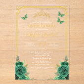 Floral Emerald Green Gold Butterfly Quinceanera Acryl Uitnodigingen (Voorkant)