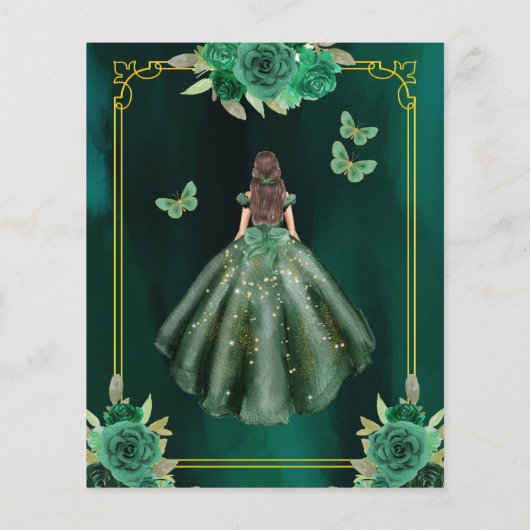 Floral Emerald Green Gold Butterfly Quinceanera Flyer (Achterkant)