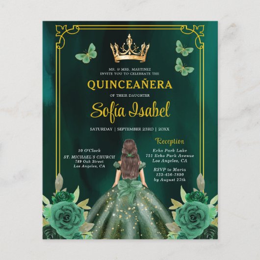 Floral Emerald Green Gold Butterfly Quinceanera Flyer (Voorkant)