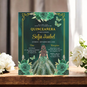Floral Emerald Green Gold Butterfly Quinceanera Flyer