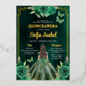 Floral Emerald Green Gold Butterfly Quinceanera Folie Uitnodiging (Voorkant)
