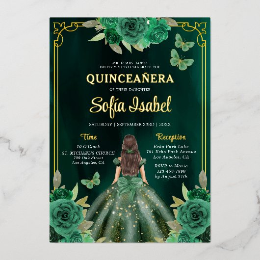 Floral Emerald Green Gold Butterfly Quinceanera Folie Uitnodiging (Voorkant)