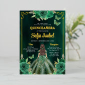 Floral Emerald Green Gold Butterfly Quinceanera Folie Uitnodiging (Staand Voorkant)