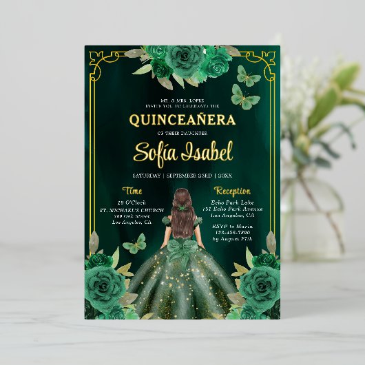 Floral Emerald Green Gold Butterfly Quinceanera Folie Uitnodiging (Staand Voorkant)