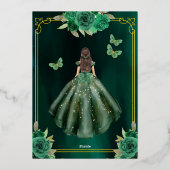 Floral Emerald Green Gold Butterfly Quinceanera Folie Uitnodiging (Achterkant)