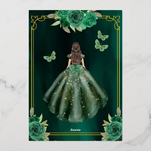 Floral Emerald Green Gold Butterfly Quinceanera Folie Uitnodiging (Achterkant)