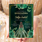 Floral Emerald Green Gold Butterfly Quinceanera Folie Uitnodiging