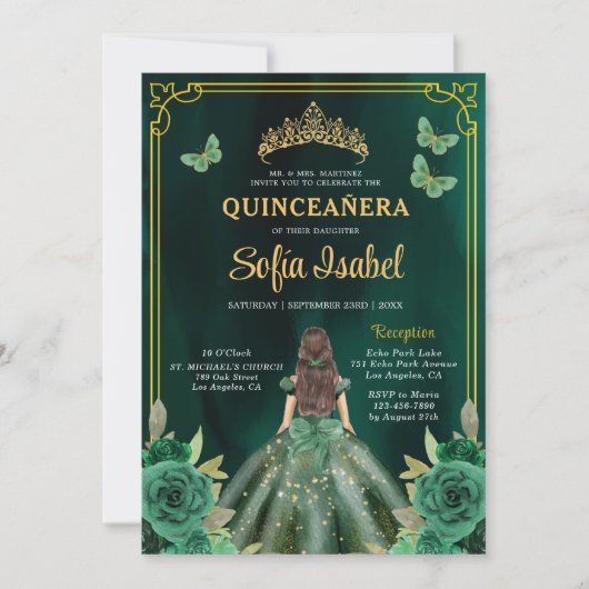 Floral Emerald Green Gold Butterfly Quinceanera Kaart (Voorkant)