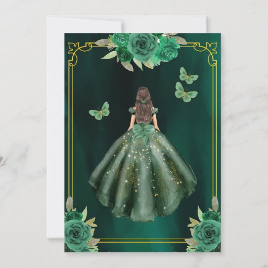 Floral Emerald Green Gold Butterfly Quinceanera Kaart (Achterkant)
