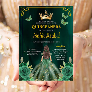 Floral Emerald Green Gold Butterfly Quinceanera Kaart