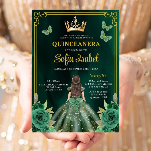 Floral Emerald Green Gold Butterfly Quinceanera Kaart