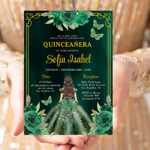 Floral Emerald Green Gold Butterfly Quinceanera Kaart