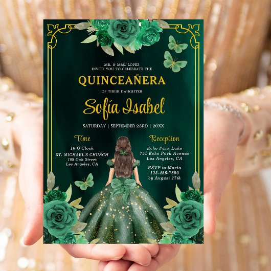 Floral Emerald Green Gold Butterfly Quinceanera Kaart