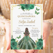 Floral Emerald Green Gold Butterfly Quinceanera Kaart