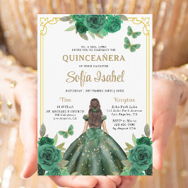 Floral Emerald Green Gold Butterfly Quinceanera Kaart