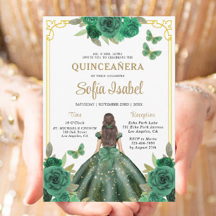 Floral Emerald Green Gold Butterfly Quinceanera Kaart