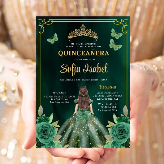Floral Emerald Green Gold Butterfly Quinceanera Kaart