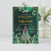 Floral Emerald Green Gold Butterfly Quinceanera Kaart (Staand voorkant)