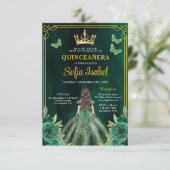 Floral Emerald Green Gold Butterfly Quinceanera Kaart (Staand voorkant)