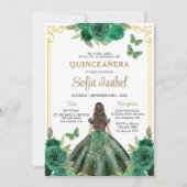 Floral Emerald Green Gold Butterfly Quinceanera Kaart (Voorkant)