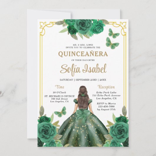 Floral Emerald Green Gold Butterfly Quinceanera Kaart (Voorkant)