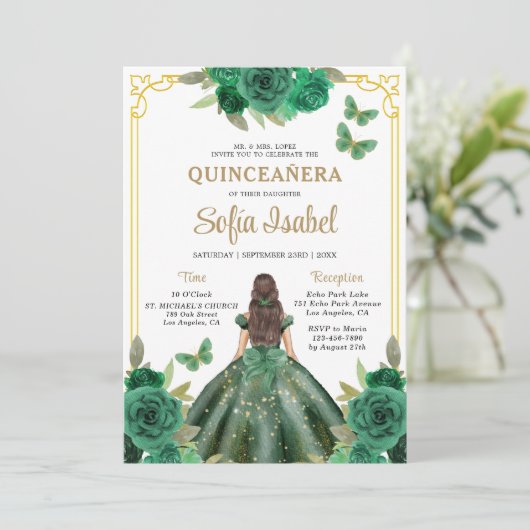 Floral Emerald Green Gold Butterfly Quinceanera Kaart (Staand voorkant)