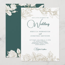 Floral Emerald Green Gold Wedding Invitation Kaart
