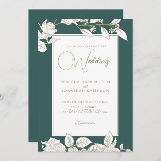 Floral Emerald Green Gold Wedding Invitation Kaart (Voorkant / Achterkant)