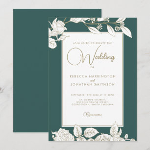 Floral Emerald Green Gold Wedding Invitation Kaart