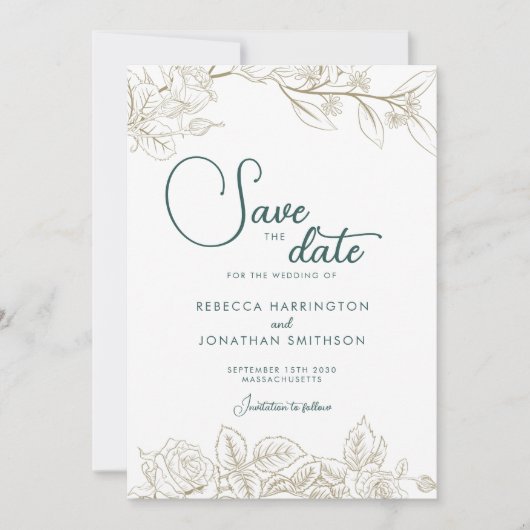 Floral Emerald Green Gold Wedding Save the Date Kaart (Voorkant)