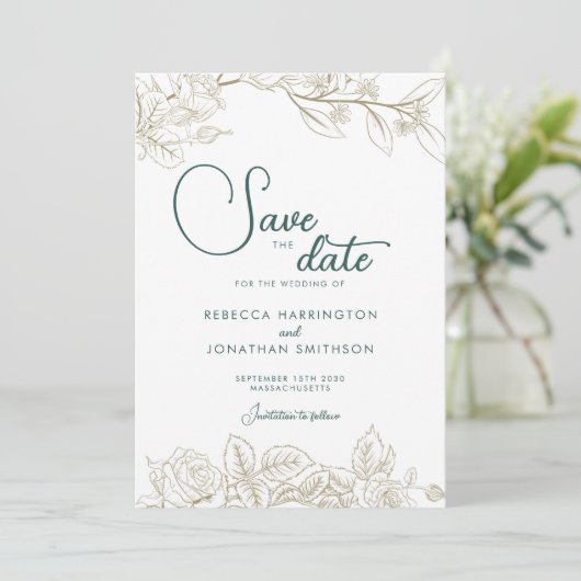 Floral Emerald Green Gold Wedding Save the Date Kaart (Staand voorkant)