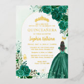 Floral Emerald Green Princess Birthday Quinceanera Folie Uitnodiging (Voorkant)