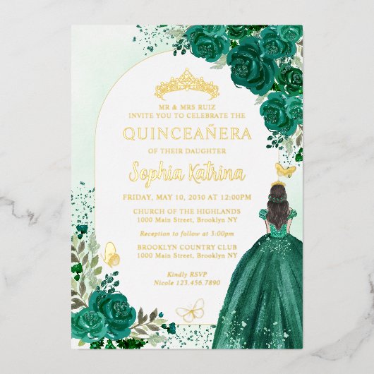 Floral Emerald Green Princess Birthday Quinceanera Folie Uitnodiging (Voorkant)
