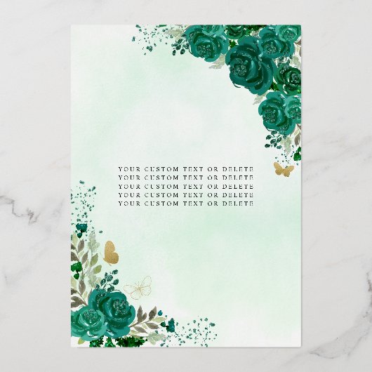 Floral Emerald Green Princess Birthday Quinceanera Folie Uitnodiging (Achterkant)