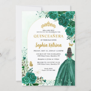 Floral Emerald Green Princess Birthday Quinceanera Kaart