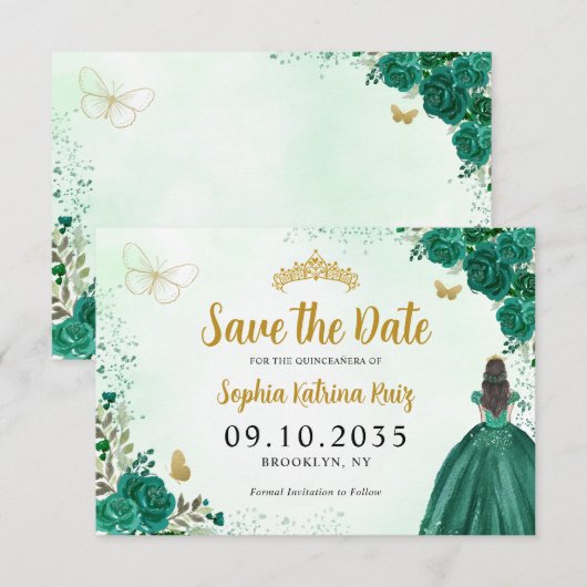 Floral Emerald Green Princess Birthday Quinceanera Save The Date (Voorkant / Achterkant)