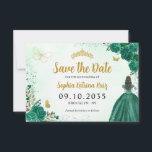 Floral Emerald Green Princess Birthday Quinceanera Save The Date<br><div class="desc">Floral Emerald Groen Prinses Jurk Glitter Sparkle Tiara Kroon Vlinder 15e Verjaardag Quinceanera Save the Date</div>