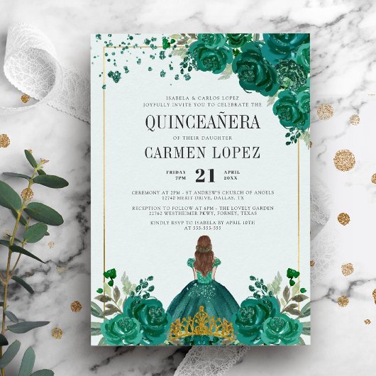 Floral Emerald Green Princess Quinceanera Kaart