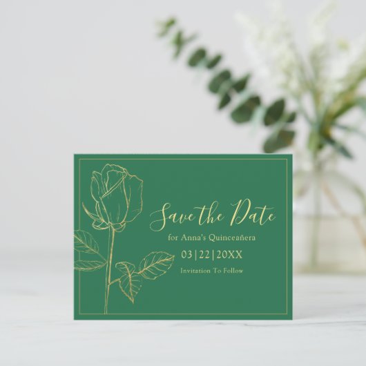 Floral Emerald Green Quinceanera bewaar de datum Briefkaart (Staand voorkant)