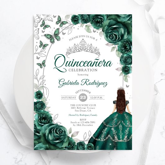 Floral Emerald Green Silver Quinceanera Kaart