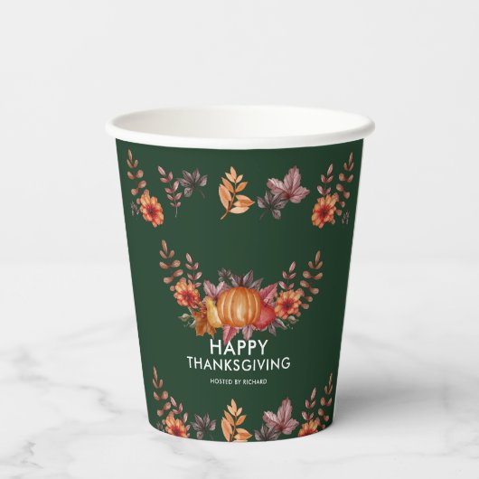 Floral Emerald Groen Thanksgiving Diner Papieren Bekers (Achterkant)