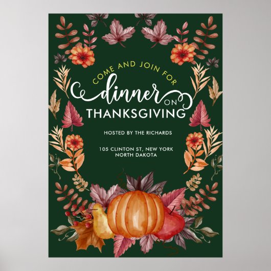 Floral Emerald Groen Thanksgiving Diner Poster (Voorkant)