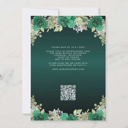 Floral Emerald Groene Jurk Verjaardag QR Quinceane Kaart (Achterkant)