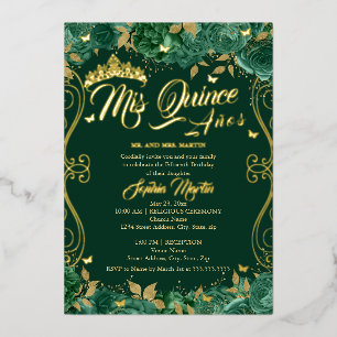 Floral Emerald Scroll Mis Quince Quinceanera Folie Uitnodiging