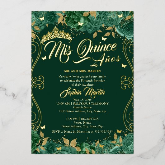 Floral Emerald Scroll Mis Quince Quinceanera Folie Uitnodiging (Voorkant)