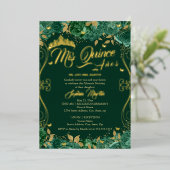 Floral Emerald Scroll Mis Quince Quinceanera Folie Uitnodiging (Staand Voorkant)