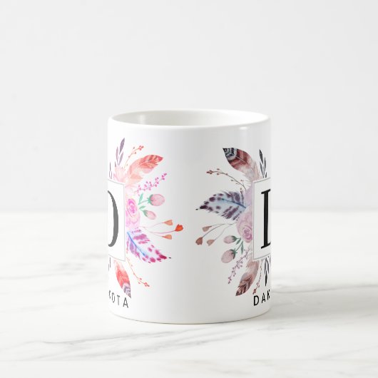 Floral- en bloemenboho-monogram en naamontwerp koffiemok (Center)